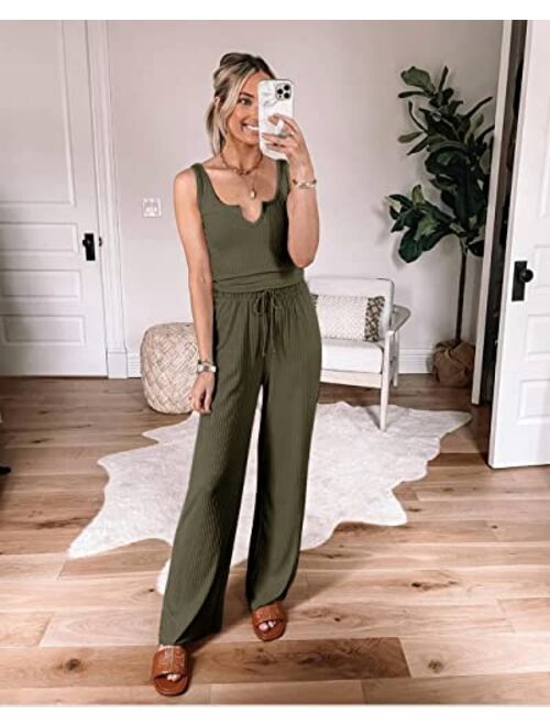 PRETTYGARDEN Womens Summer Casual Two Piece Outfits Sweatsuits Tank Scoop Neck Ribbed Knit Long Pants Tracksuits