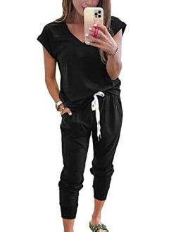Women's Two Piece Tracksuit V Neck Short Sleeve Tops Long Pants With Drawstring Outfits Jogger Sets