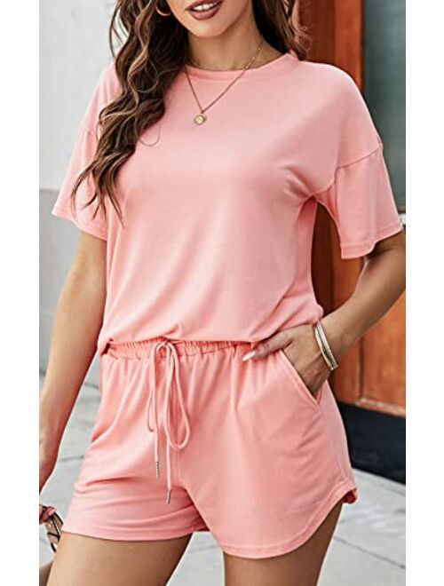 PRETTYGARDEN Women's Summer Two Piece Outfits Lounge Pajamas Sets Short Sleeve T Shirts and Shorts Active Wear Tracksuits