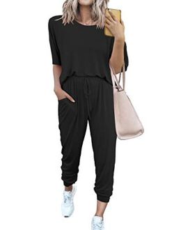 Women’s Two Piece Outfit Short Sleeve Pullover With Drawstring Long Pants Tracksuit Jogger Set