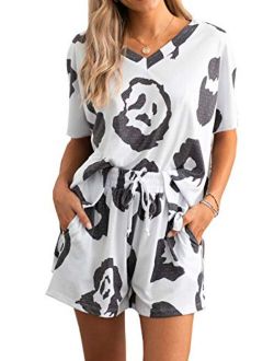 Women’s Leopard Print Two Piece Pajamas Set Short Sleeve Tops With Drawstring Shorts Sleepwear Loungewear