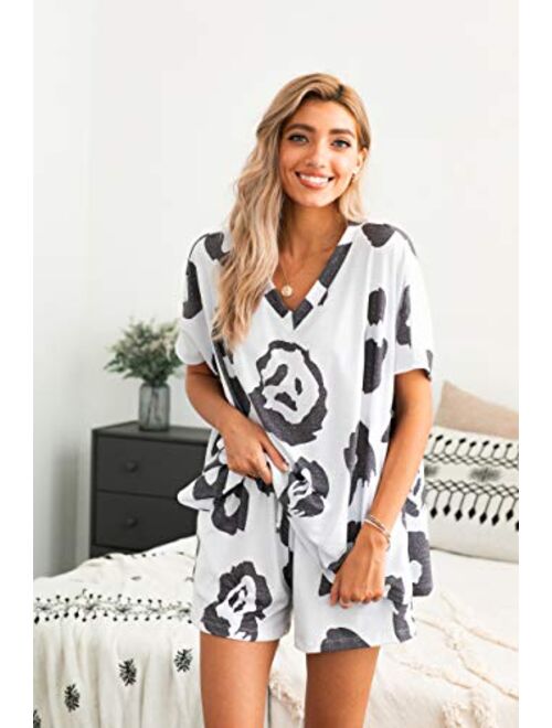 PRETTYGARDEN Women’s Leopard Print Two Piece Pajamas Set Short Sleeve Tops With Drawstring Shorts Sleepwear Loungewear