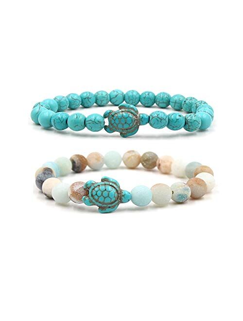 Caiyao 8mm Sea Turtles Beads Bracelet Turquoise Natutal Stone Elastic Stretch Bracelet for Women Men
