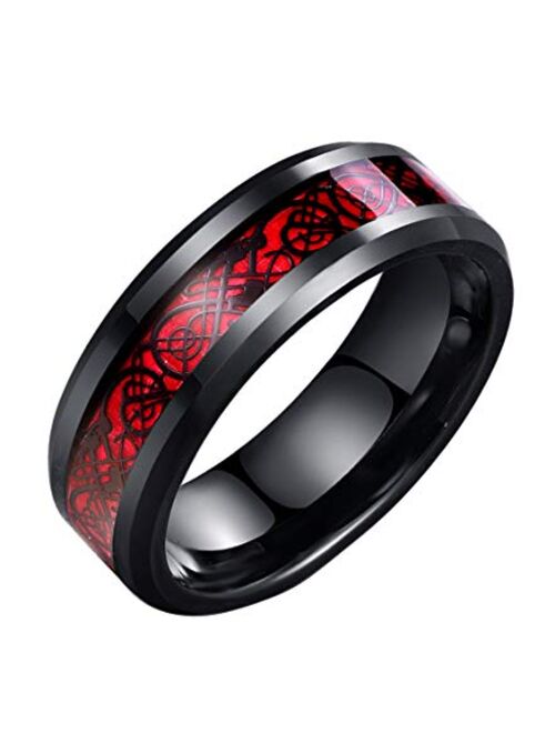 Tanyoyo 8mm Red Carbon Fiber Black Celtic Dragon Ring For Men Beveled Edges Wedding Band