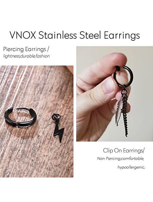 VNOX Unisex Vinatge Stainless Clip On Earrings Non Piercing Leather Feather Charm Dangle Hinged Stud Earrings for Men Women Teen