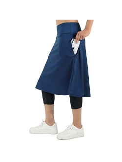 Women Long Knee Length Skirt with Capris Leggings,Skirted Leegings with High Waisted Zipper Pockets