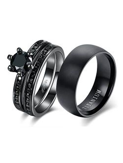 LOVERSRING Couple Ring Bridal Sets His Hers Women 18k Black Gold Plated Cz Men Titanium Wedding Ring Band Set