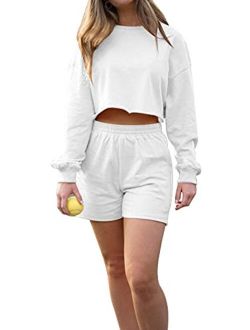 Short Sets Women 2 Piece Outfits - Long Sleeve Crop Tops and Shorts Tracksuit Sets