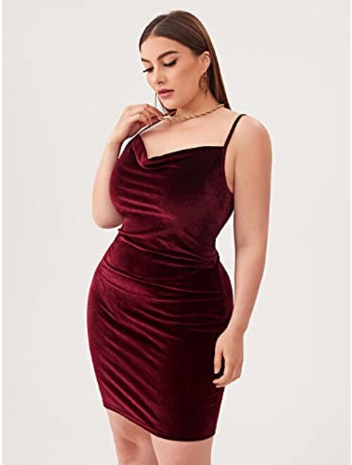 SOLY HUX Women's Plus Size Sexy Spaghetti Strap Cowl Neck Velvet Mini Bodycon Dress