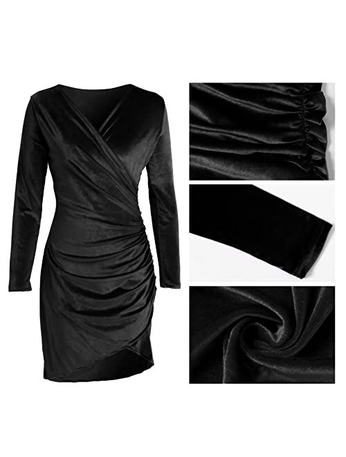 Flybony Womens Wrap V Neck Long Sleeve Velvet Fitted Bodycon Ruched Cocktail Party Dress