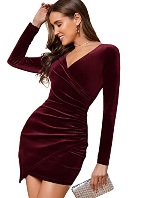 SheIn Women's Long Sleeve Wrap Velvet Bodycon Dress Asymmetrical Hem Party Dress
