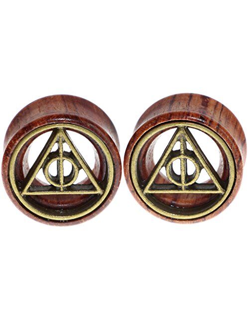 Oasis Plus Deathly Hallows Organic Wood Flesh Tunnels Double Flared Ear Stretcher Saddle Plugs Gauge 8mm - 20mm