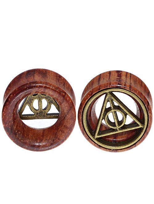 Oasis Plus Deathly Hallows Organic Wood Flesh Tunnels Double Flared Ear Stretcher Saddle Plugs Gauge 8mm - 20mm