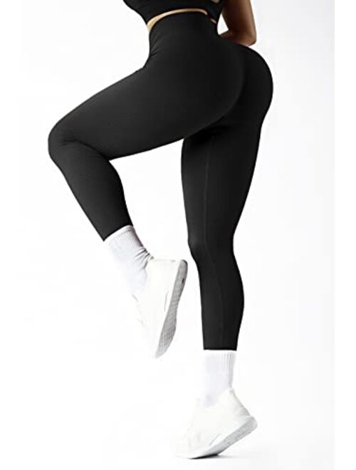 MOSHENGQI Womens High Waisted Seamless Ribbed Leggings Soft Slimming Yoga Pants