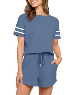 Women's Summer Two Piece Pajamas Set Casual Short Sleeve Crop Top and Shorts Sleepwear Sweatsuit Tracksuit with Pocket