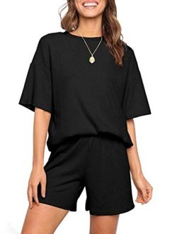 Women's Ribbed Knit Pajama Sets Short Sleeve Top and Shorts Two Piece Sleepwear Sweatsuit Outfits with Pockets