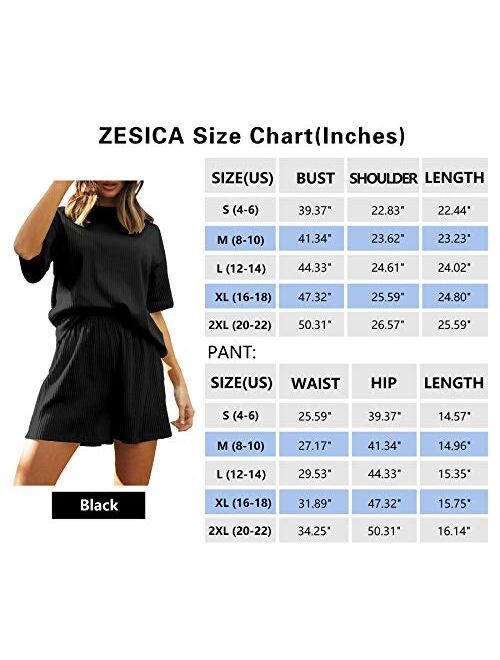 ZESICA Women's Ribbed Knit Pajama Sets Short Sleeve Top and Shorts Two Piece Sleepwear Sweatsuit Outfits with Pockets