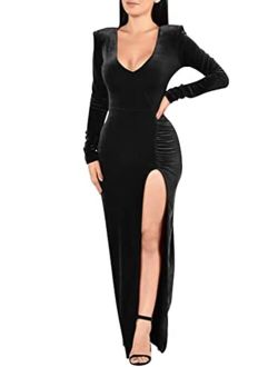 ZileZile Women's Sexy Bodycon Velvet Long Sleeve Deep V Neck High Slit Evening Gown Party Maxi Dresses