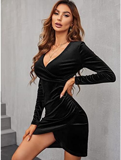 JECEIKA Velvet Valentines Day Dress for Women Wrap V Neck Long Sleeve Ruched Midi Dresses for Cocktail Evening Party