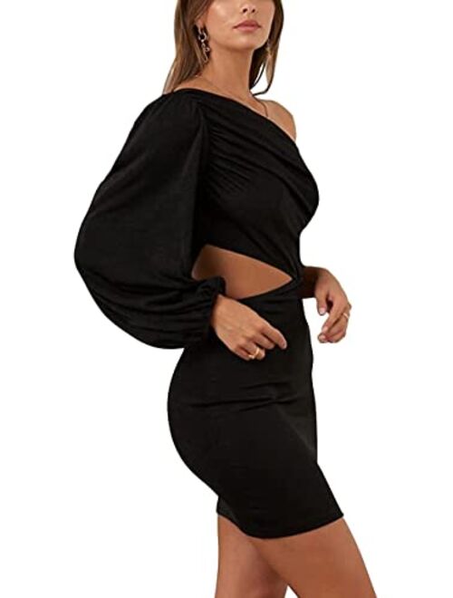LYANER Women's One Shoulder Velvet  Long Sleeve Cutout Bodycon Club Cocktail Mini Dress