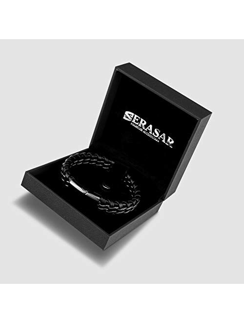 SERASAR | Premium Genuine Leather Bracelet [Steel] for Men in Black | Magnetic Stainless Steel Clasp in Black, Silver and Gold | Exclusive Jewelry Box | Great Gift Idea