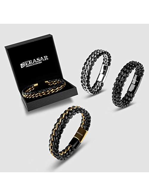 SERASAR | Premium Genuine Leather Bracelet [Steel] for Men in Black | Magnetic Stainless Steel Clasp in Black, Silver and Gold | Exclusive Jewelry Box | Great Gift Idea