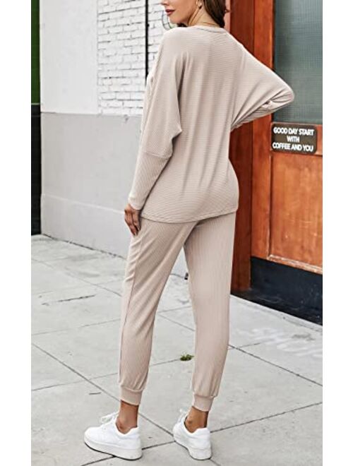 PRETTYGARDEN Women's 2 Piece Sweatsuit Solid Color Long Sleeve Pullover Long Pants Tracksuit