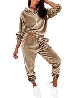 Women's Velour Tracksuits Set Hooded Pullover Sweatpants Long Sleeve 2 Piece Joggers Outfits