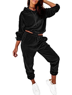 Women'sVelour Tracksuits Set Hooded Pullover Sweatpants Long Sleeve 2 Piece Joggers Outfits
