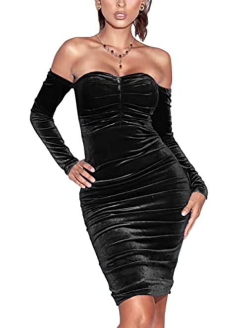 Stylishine Women's Sexy Bodycon Off Shoulder Long Sleeve Ruched Wrap Velvet Mini Dress