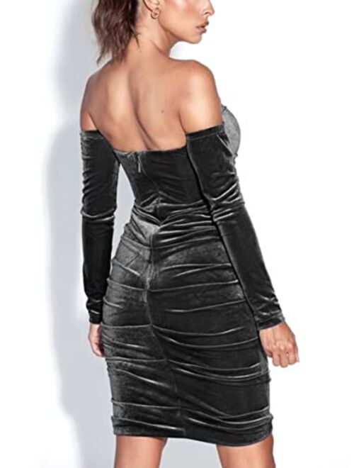 Stylishine Women's Sexy Bodycon Off Shoulder Long Sleeve Ruched Wrap Velvet Mini Dress