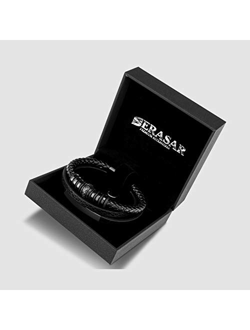 SERASAR | Premium Genuine Leather Bracelet [Shine] for Men in Black | Magnetic Stainless Steel Clasp in Black, Silver and Gold | Exclusive Jewelry Box | Great Gift Idea