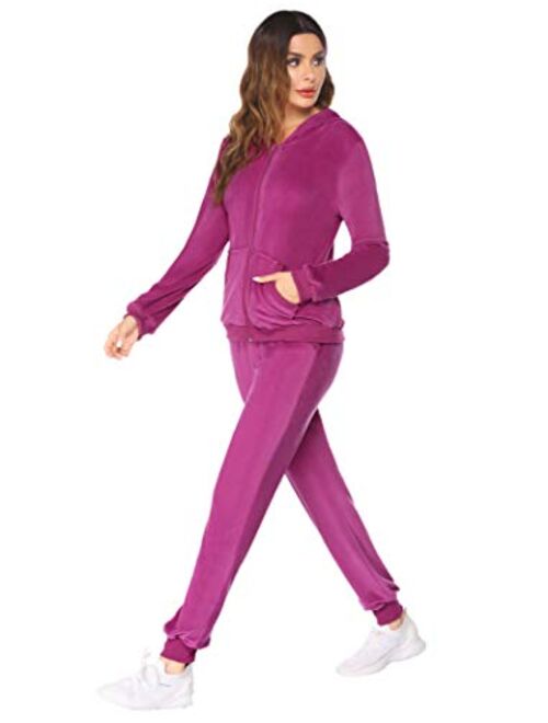 Hotouch Women's Sweatsuit Set Velour Hoodie Pocket Tracksuits Jogging Suits Rose Red
