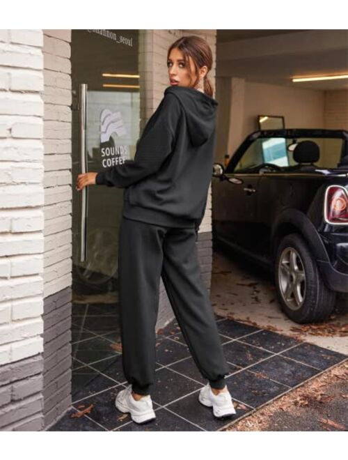 Hotouch Oversized Sweatsuits for Women Set Zip-up Long Sleeve Hoodie Sweats Suit Waffle Jogging Tracksuits Set（S-XXL)