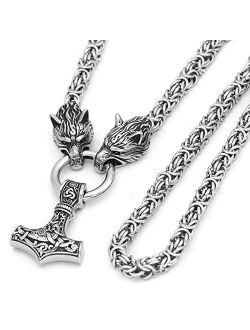 GuoShuang Men Stainless Steel Wolf Head Norse Viking Amulet Thor Mjolnir Necklace King Chain with Valknut Gift Bag