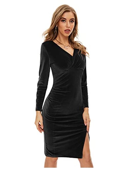 HRESSLBD Women's Velvet V-Neck Long Sleeve Ruched Bodycon Pencil Wrap Cocktail Formal Evening Party Dress with One Side Slit