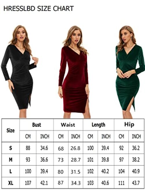 HRESSLBD Women's Velvet V-Neck Long Sleeve Ruched Bodycon Pencil Wrap Cocktail Formal Evening Party Dress with One Side Slit
