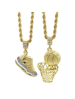 Ltiomert Mens Gold Plated Hip Hop Retro 11"Cool Grey" & Plain Basketball Pendant 4mm 24" Rope Chain