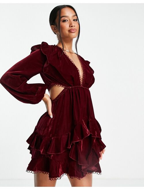 ASOS DESIGN Petite mini dress with circle trim in velvet in berry