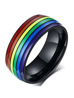 Nanafast 8mm Stainless Steel Enamel Rainbow LGBT Pride Ring for Lesbian & Gay LGBTQ Pride Wedding Engagement Band