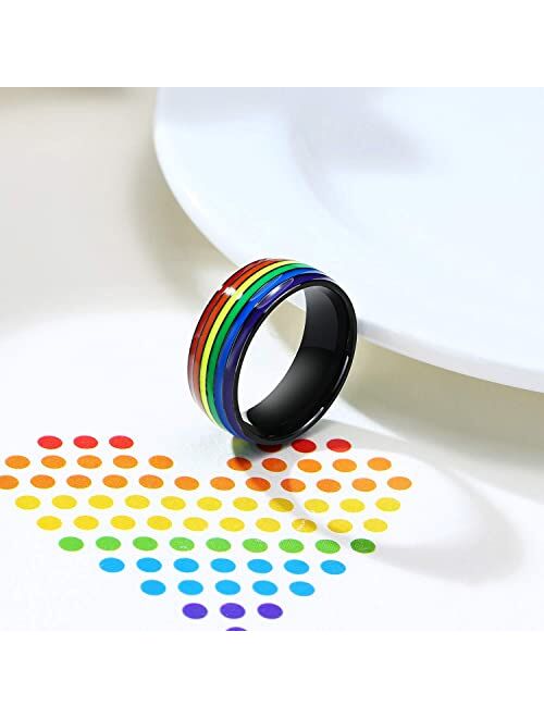 Nanafast 8mm Stainless Steel Enamel Rainbow LGBT Pride Ring for Lesbian & Gay LGBTQ Pride Wedding Engagement Band