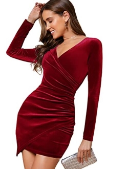 Women's Ruched V Neck Wrap Velvet Cocktail Long Sleeve Bodycon Short Dress