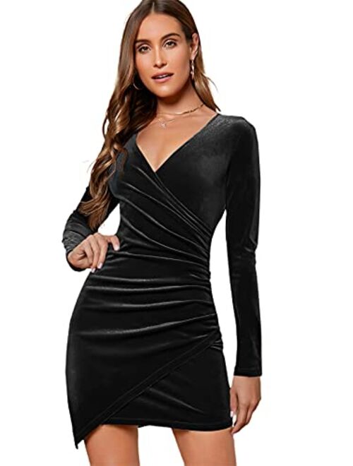 SheIn Women's Ruched V Neck Wrap Velvet Cocktail Long Sleeve Bodycon Short Dress