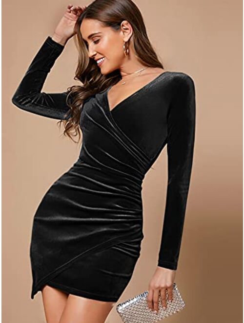 SheIn Women's Ruched V Neck Wrap Velvet Cocktail Long Sleeve Bodycon Short Dress