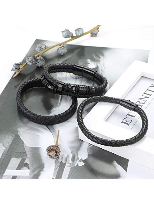 FIBO STEEL 3 PCS Magnetic-Clasp Leather Bracelets for Men Wrap Braided Leather Bracelets Wrist Cuff Bangle 8.0-8.5 Inch