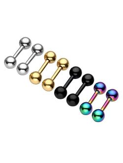 Zysta 4 Pairs Stainless Steel 14/16G Mixed Colors Body Piercing Barbells 6-16mm Post Studs Earring NippleTongue Helix Tragus Cartilage Labret Medusa Lip Eyebrow Straight 
