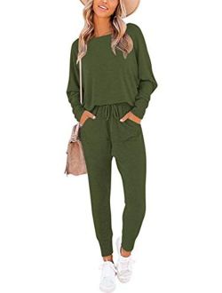 Women’s Causal Two Piece Outfit Long Pant Sweatsuit Off Shoulder High Waist Loungewear Tracksuits With Pockets