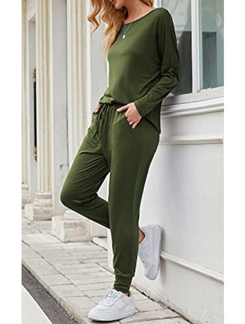 PRETTYGARDEN Women’s Causal Two Piece Outfit Long Pant Sweatsuit Off Shoulder High Waist Loungewear Tracksuits With Pockets
