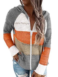 Biucly Womens Long Sleeve Knit Sweater Zip Up Hoodie Jacket Lightweight Drawstring Color Block Sweatshirt