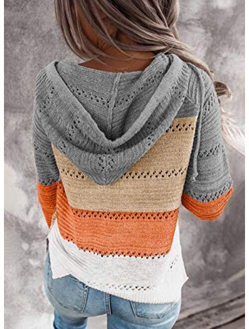 Biucly Womens Long Sleeve Knit Sweater Zip Up Hoodie Jacket Lightweight Drawstring Color Block Sweatshirt